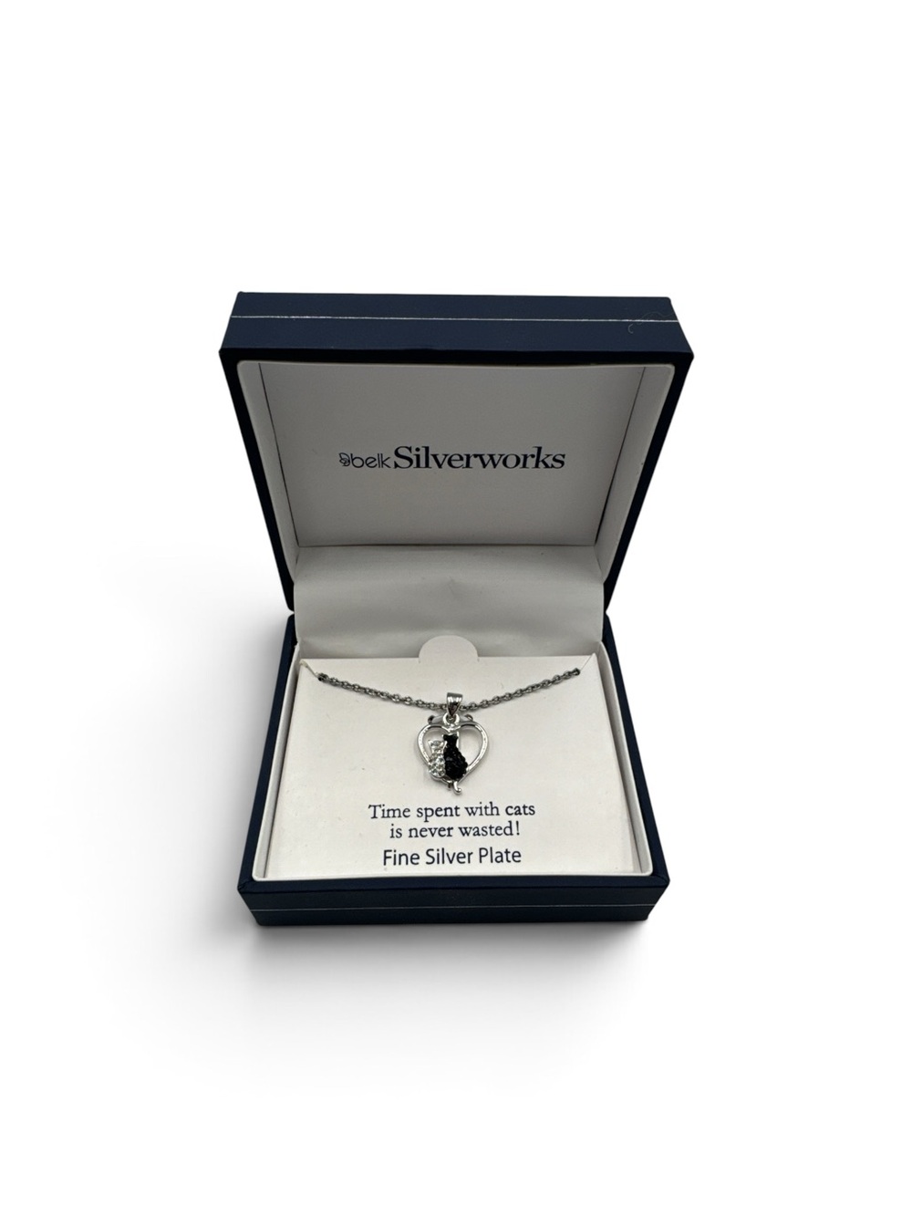 Vintage NOS Y2K Belk Silverworks Rhinestone Cats Heart Pendant Necklace Boxed